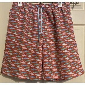 PETER MILLAR SEASIDE Mens L Pink Blue Fish Print Mesh Lined Swim Trunks Shorts